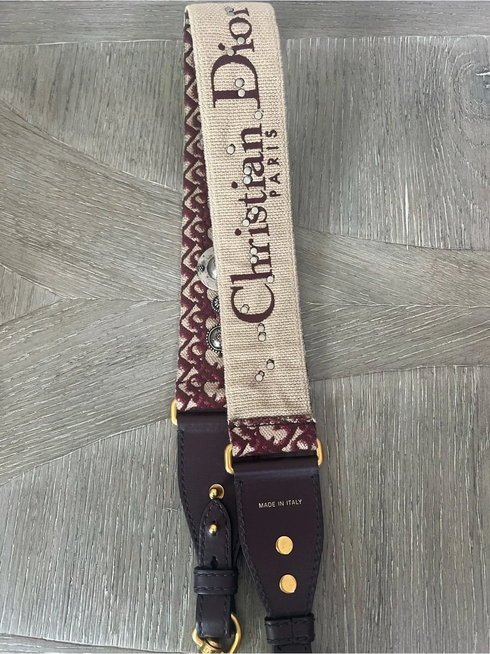 Dior Burgundy and Cream Decorative Logo Canvas Bag Strap with Gold Hardware